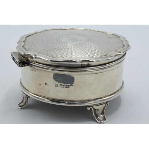 174 - Silver jewellery trinket box with engineered decoration and 'Elsie' to the top, raised on 4 legs, Bi... 