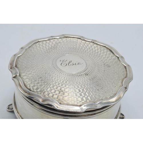 174 - Silver jewellery trinket box with engineered decoration and 'Elsie' to the top, raised on 4 legs, Bi... 