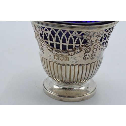 175 - Silver sugar basket with blue glass liner, London 1896 'CR', 100.4 grams, 12.5cm tall.