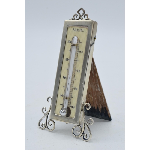 177 - Silver easel-back thermometer with ornate supports, Birmingham 1922 'LE', 10cm tall.