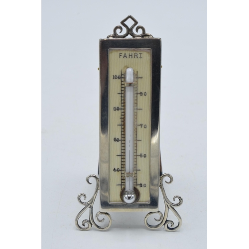 177 - Silver easel-back thermometer with ornate supports, Birmingham 1922 'LE', 10cm tall.