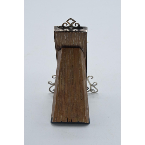 177 - Silver easel-back thermometer with ornate supports, Birmingham 1922 'LE', 10cm tall.