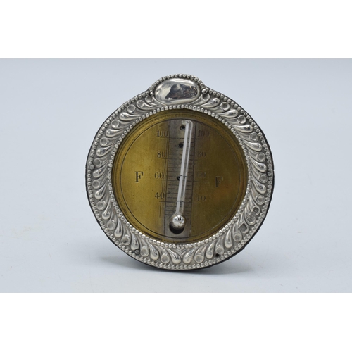 178 - Silver framed and brass thermometer with circular face, easel back, Birmingham 1904, WJM & Co, 7cm t... 