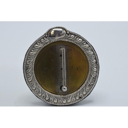 178 - Silver framed and brass thermometer with circular face, easel back, Birmingham 1904, WJM & Co, 7cm t... 