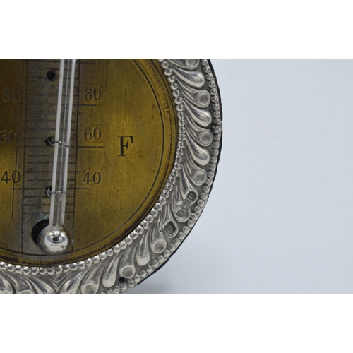 178 - Silver framed and brass thermometer with circular face, easel back, Birmingham 1904, WJM & Co, 7cm t... 