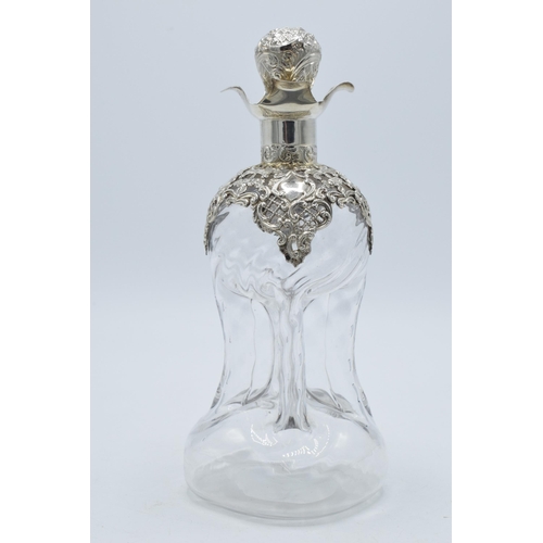 180 - Victorian silver 'glug glug' decanter with ornate silver overlay and silver handled stopper, Birming... 