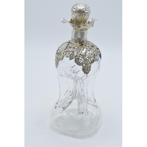 180 - Victorian silver 'glug glug' decanter with ornate silver overlay and silver handled stopper, Birming... 