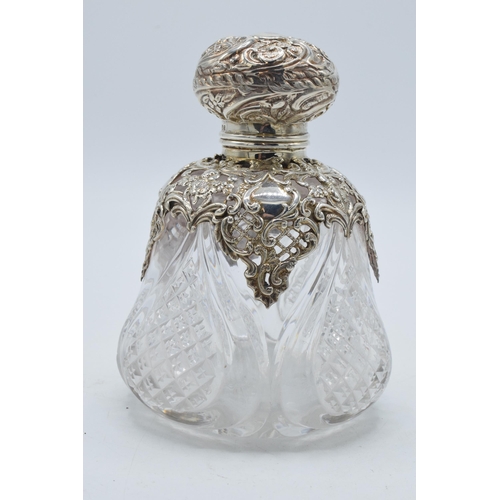 182 - Victorian silver topped perfume bottle with silver shoulder ornate decoration, Birmingham 1898, S W ... 