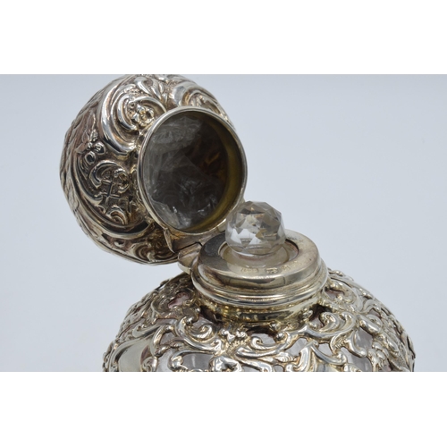 182 - Victorian silver topped perfume bottle with silver shoulder ornate decoration, Birmingham 1898, S W ... 