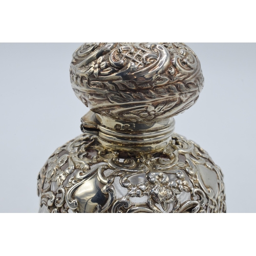 182 - Victorian silver topped perfume bottle with silver shoulder ornate decoration, Birmingham 1898, S W ... 