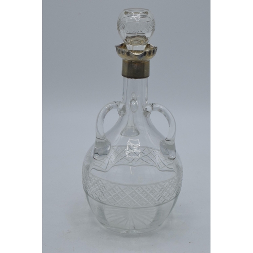 185 - Victorian glass decanter with silver collar with three handles, Sheffield 1899, 23cm tall.