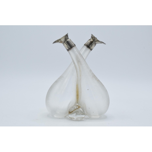 189 - Double glass oil bottle with silver collars, Birmingham 1907, L Hutton & Sons, 15cm tall.