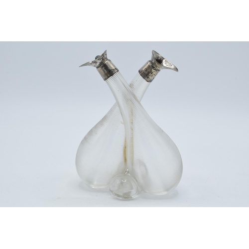 189 - Double glass oil bottle with silver collars, Birmingham 1907, L Hutton & Sons, 15cm tall.