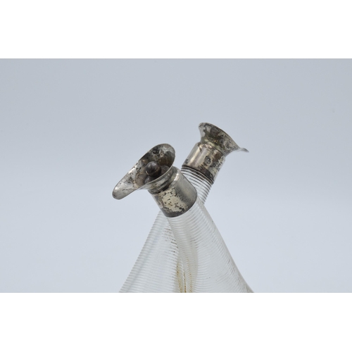 189 - Double glass oil bottle with silver collars, Birmingham 1907, L Hutton & Sons, 15cm tall.