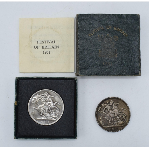 19 - Silver QV crown 1893 together with cased Festival of Britain 1951 KGVI crown (2).