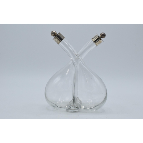 192 - Doubl oil and vinegar glass condiment bottle with silver tops, Birmingham 1922, J C Vickery, 16cm ta... 