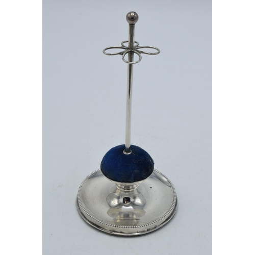 206 - Silver hatpin holder with velvet cushion, Birmingham 1901, M Bros, 16cm tall.