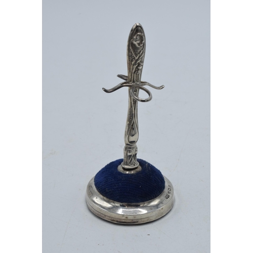 208 - Silver ring tree and hatpin stand with velvet cushion, Birmingham 1908, J & C, 9.5cm tall.