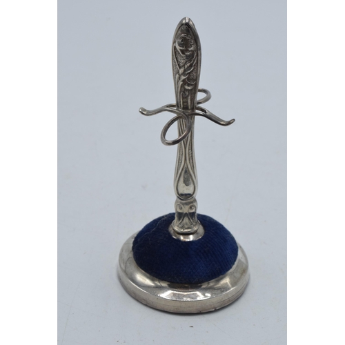 208 - Silver ring tree and hatpin stand with velvet cushion, Birmingham 1908, J & C, 9.5cm tall.