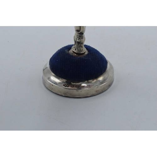 208 - Silver ring tree and hatpin stand with velvet cushion, Birmingham 1908, J & C, 9.5cm tall.