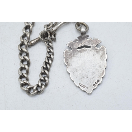 214 - Hallmarked silver Albert pocket watch chain with T-bar and fob, 31.2 grams, 40cm long.