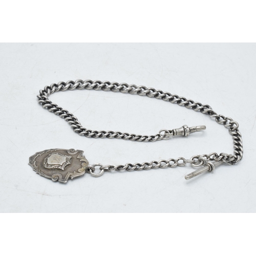 215 - Hallmarked silver Albert pocket watch chain with hallmarked T-bar and fob, 34.4 grams, 39.5cm long.