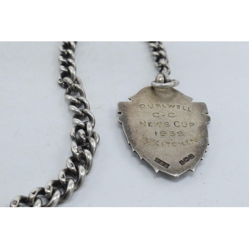 215 - Hallmarked silver Albert pocket watch chain with hallmarked T-bar and fob, 34.4 grams, 39.5cm long.