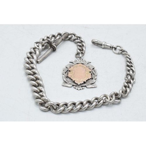 217 - Heavy hallmarked silver Albert pocket watch chain with hallmarked T-bar and fob, 69.9 grams, 33cm lo... 