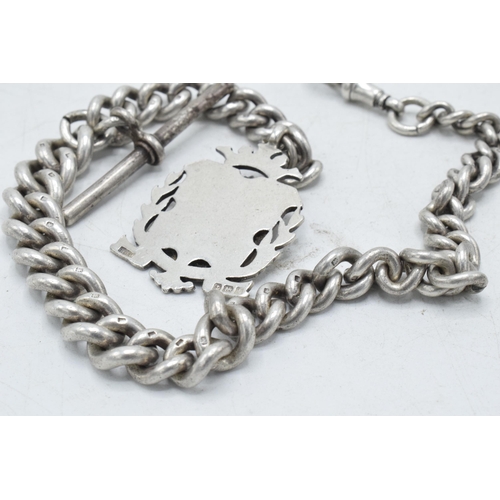 217 - Heavy hallmarked silver Albert pocket watch chain with hallmarked T-bar and fob, 69.9 grams, 33cm lo... 