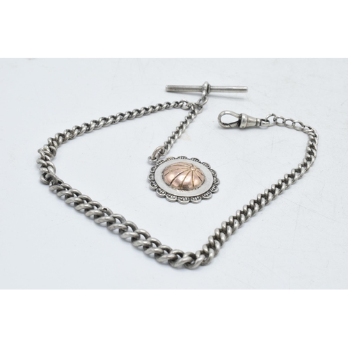 218 - Hallmarked silver Albert pocket watch chain with hallmarked T-bar and fob, 24.2 grams, 34cm long.