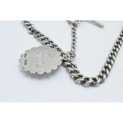 218 - Hallmarked silver Albert pocket watch chain with hallmarked T-bar and fob, 24.2 grams, 34cm long.