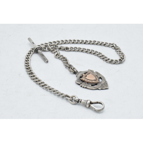 219 - Hallmarked silver Albert pocket watch chain with hallmarked T-bar and fob, 34.0 grams, 37cm long.