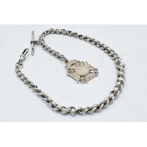 221 - Hallmarked silver Albert pocket watch chain with hallmarked T-bar and fob, 45.8 grams, 41cm long.