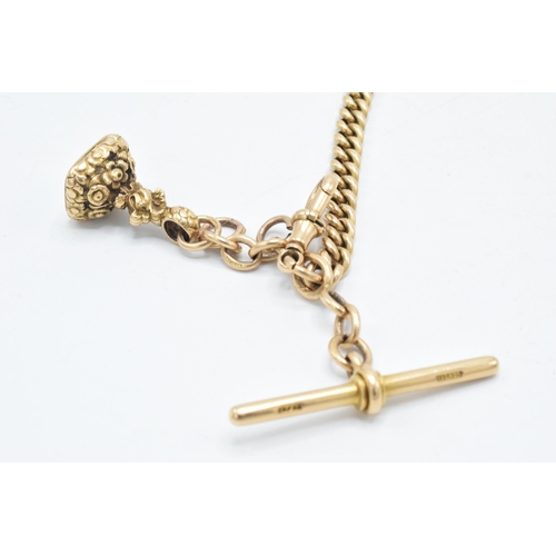 222 - 15ct gold Albert watch chain with hallmarked links and T-Bar, with gold fob (tests 9ct or better), g... 