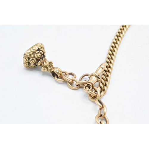 222 - 15ct gold Albert watch chain with hallmarked links and T-Bar, with gold fob (tests 9ct or better), g... 