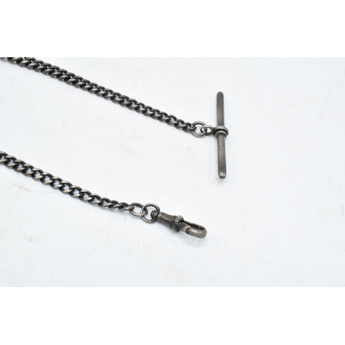 223 - Hallmarked silver Albert chain with silver T-bar, 26.8 grams, 32cm long.