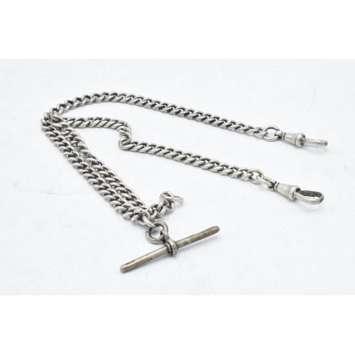 224 - Hallmarked silver double Albert chain with silver T-bar, 35.7 grams, 44cm end to end.