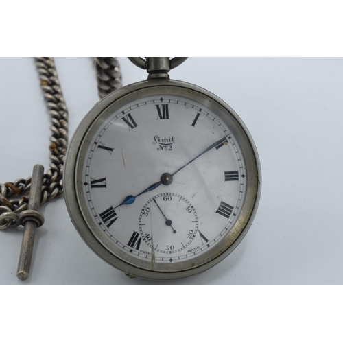 225 - Hallmarked silver Albert watch chain with T-bar, approx. 44 grams, together with a Limit No.2 pocket... 