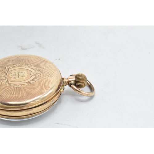 232 - 14ct gold cased (stamped 14k) open face pocket watch with Roman Numerals and white enamel dial,  'Re... 