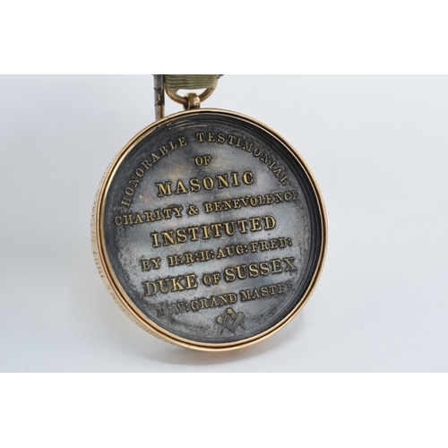 247 - Silver medal 'Honorable Testimonial of Masonic...' set in hallmarked 15ct gold mount with inscriptio... 