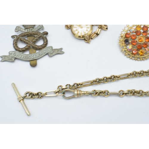 249 - A collection of items to include a plated Albertina  watch chain, a Wedgwood brooch, rolled gold wat... 