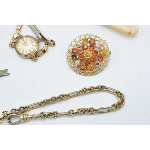 249 - A collection of items to include a plated Albertina  watch chain, a Wedgwood brooch, rolled gold wat... 