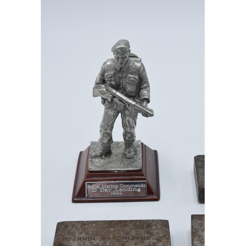 251 - Royal Hampshire D-Day Landings figure together with 3 vintage steel printing blocks, 10cm tall (4).