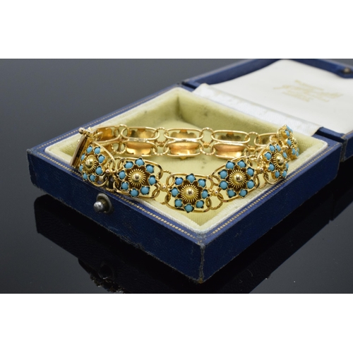 304 - Antique 9ct gold 12 section bracelet, each set with 8 turquoise stones with gold centre, 15.8 grams,... 