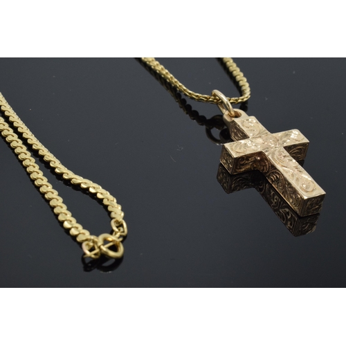 305 - 9ct gold engraved cross pendant on a 9ct gold chain, both hallmarked, 31.1 grams of 9ct gold, chain ... 