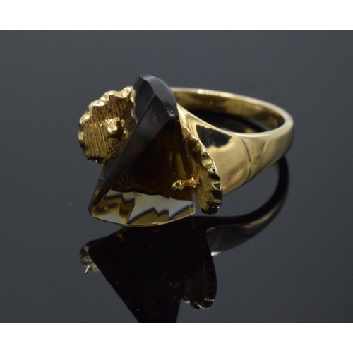 307 - Bespoke gold smokey quartz jewellery set: to include 14ct gold smokery quartz stylish abstract ring,... 