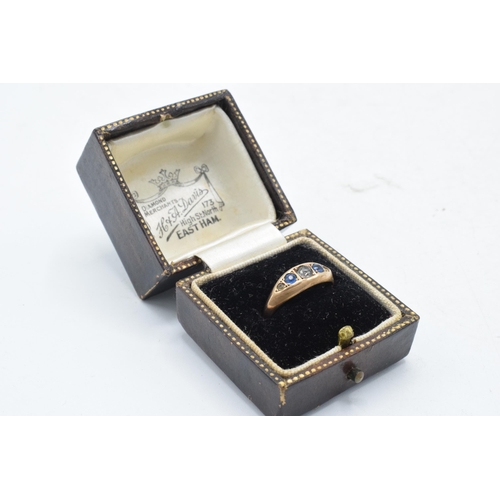 314 - Boxed antique 9ct gold ladies stone set ring, 1.0 grams, set with sapphires and CZs, missing one sto... 