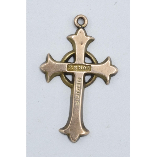 319 - 9ct rose gold cross pendant, fully hallmarked, 0.7 grams, 30mm tall.