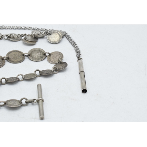 328 - A trio of silver / white metal jewellery items to include a threepenny bit bracelet, a foreign coina... 