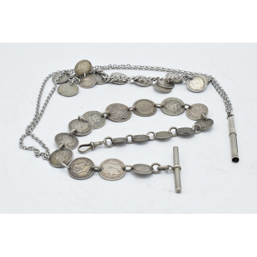 328 - A trio of silver / white metal jewellery items to include a threepenny bit bracelet, a foreign coina... 